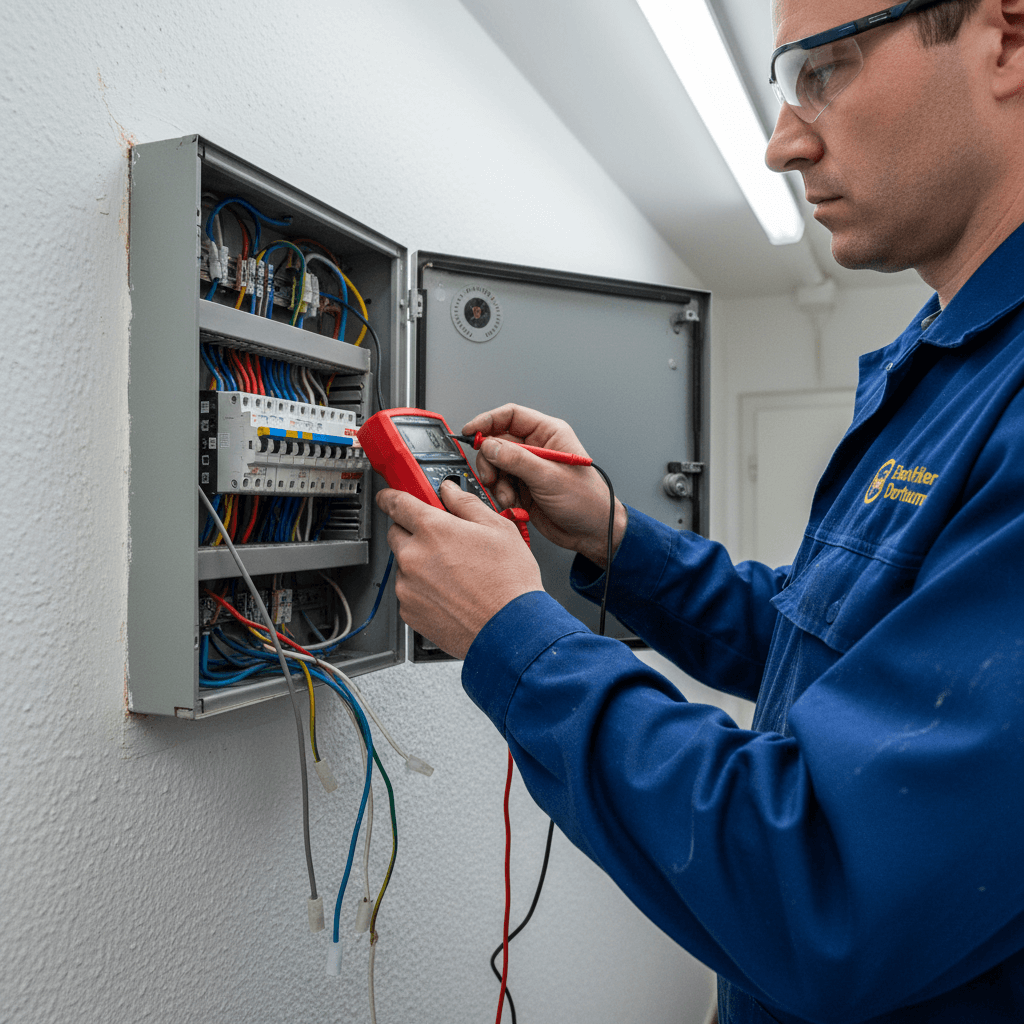 Professioneller Elektriker bei der Arbeit an einem Schaltkasten mit modernen Messgeräten in Dortmund