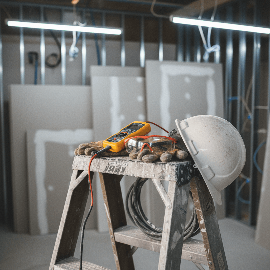 Sicherheitsausrüstung und Messgeräte eines Elektrikers auf einer Baustelle