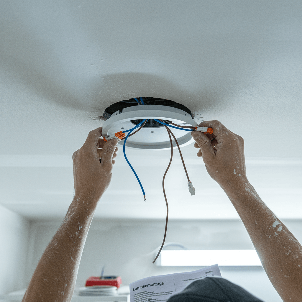 Detaillierte Ansicht einer modernen Deckenleuchte während der Montage